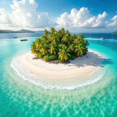 The primary subject of the image is a small island surrounded by water. The island is covered in palm trees, giving it a tropical appearance. The setting is a beautiful blue ocean, with the island being the main focus of the scene. The visual style of the image is a photo, capturing the natural beauty of the island and its surroundings. The colors and mood of the image are vibrant and serene, with the blue water and green palm trees creating a peaceful and inviting atmosphere.